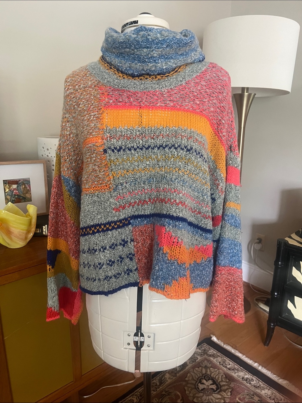 Sincerly Jules Multicolor Patchwork Cowl-Neck Sweater